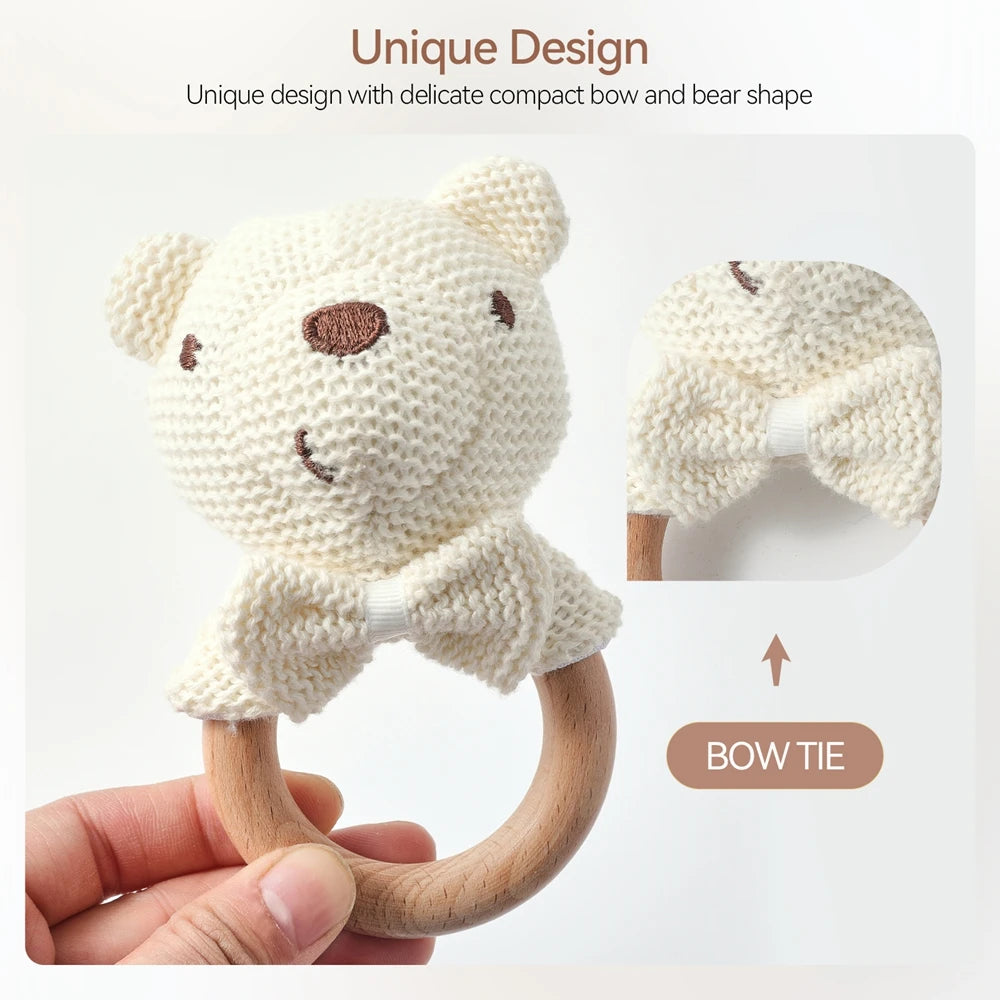 Hochet Bébé en Bois – Petit Ourson en Crochet | Jouet d’Éveil & Anneau de Dentition