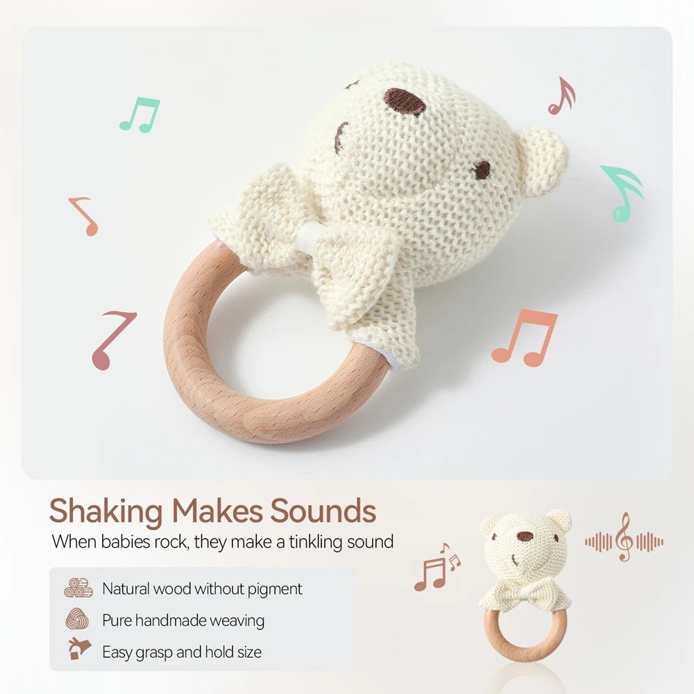 Hochet Bébé en Bois – Petit Ourson en Crochet | Jouet d’Éveil & Anneau de Dentition
