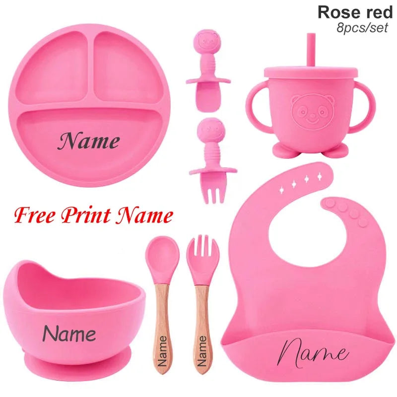 Set repas bébé en silicone 8 pièces – Assiette, bol, gobelet et couverts