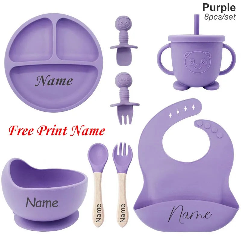 Set repas bébé en silicone 8 pièces – Assiette, bol, gobelet et couverts