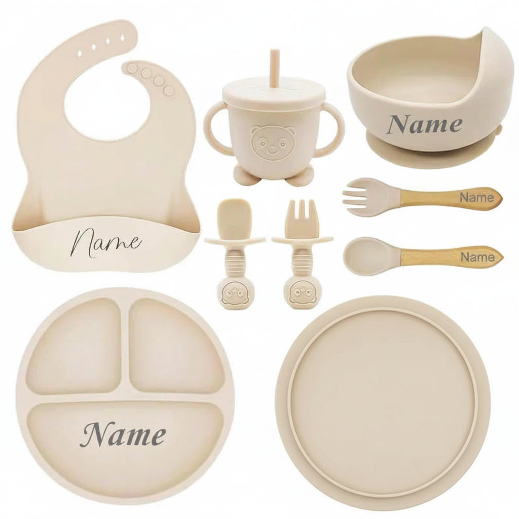 Set repas bébé en silicone 8 pièces – Assiette, bol, gobelet et couverts