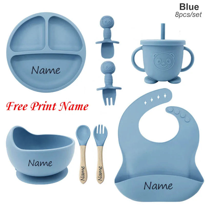 Set repas bébé en silicone 8 pièces – Assiette, bol, gobelet et couverts