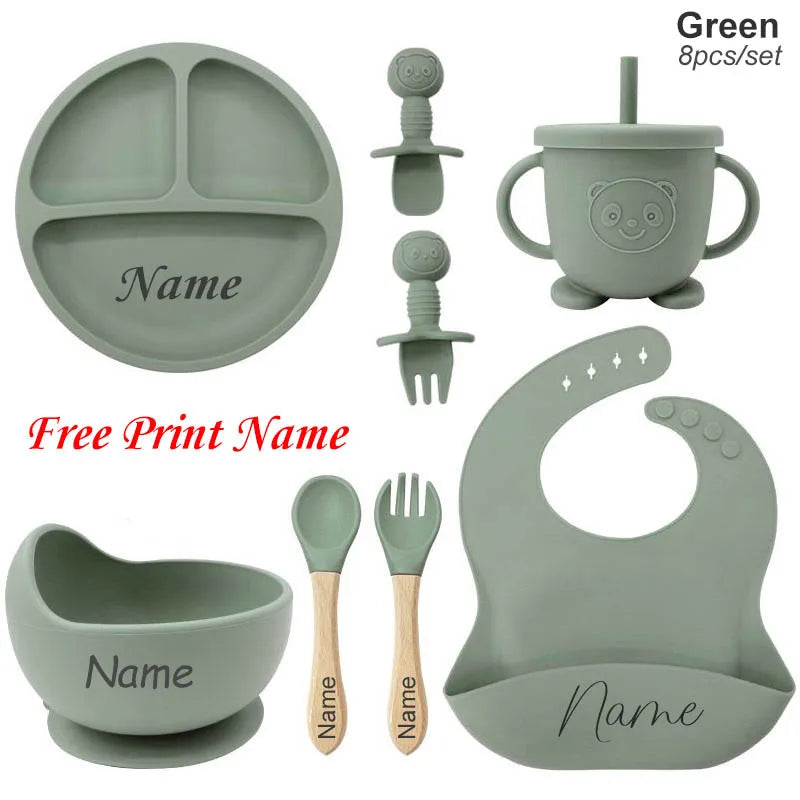 Set repas bébé en silicone 8 pièces – Assiette, bol, gobelet et couverts