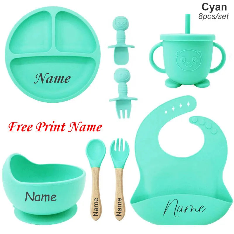 Set repas bébé en silicone 8 pièces – Assiette, bol, gobelet et couverts