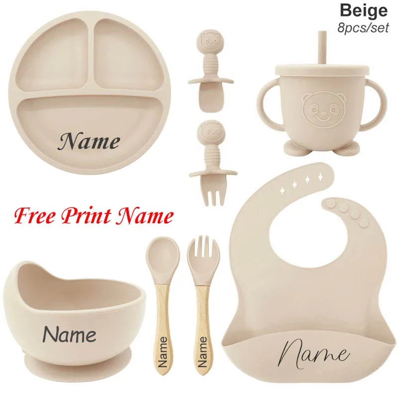 Set repas bébé en silicone 8 pièces – Assiette, bol, gobelet et couverts