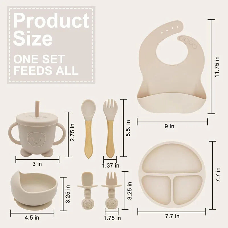 Set repas bébé en silicone 8 pièces – Assiette, bol, gobelet et couverts
