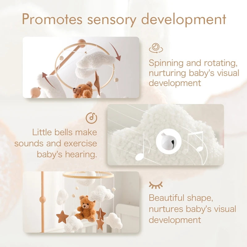Mobile bébé en bois – Ourson en feutrine, jouet d’éveil & boîte à musique