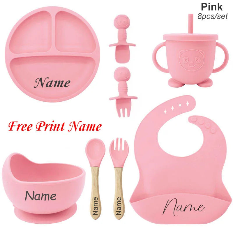 Set repas bébé en silicone 8 pièces – Assiette, bol, gobelet et couverts