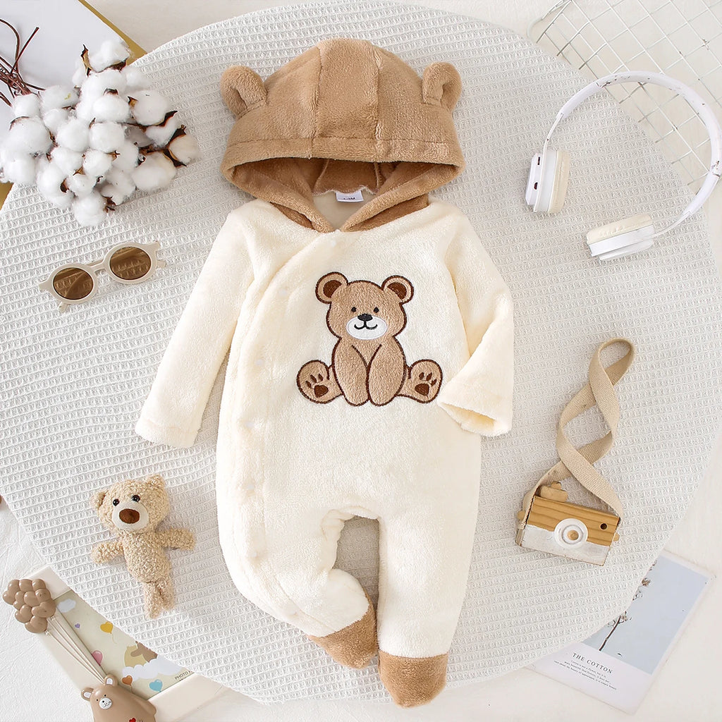 Combinaison bébé ours en peluche avec bonnet – Chaude et douce
