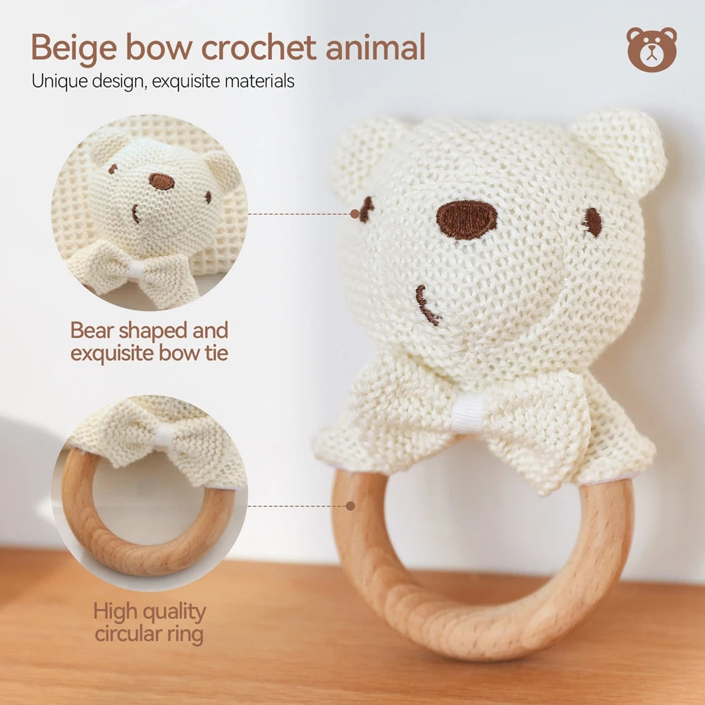 Hochet Bébé en Bois – Petit Ourson en Crochet | Jouet d’Éveil & Anneau de Dentition