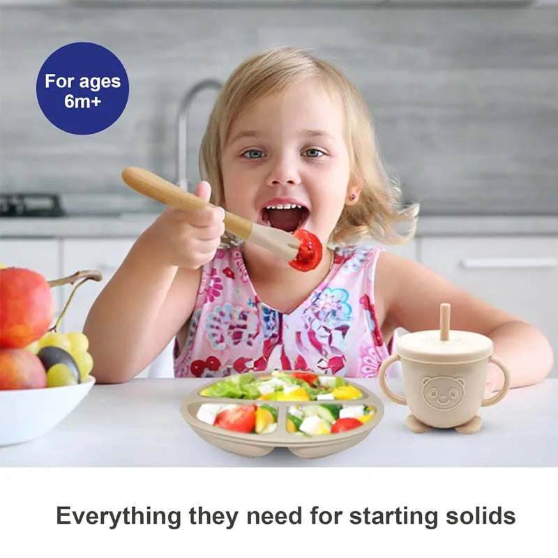 Set repas bébé en silicone 8 pièces – Assiette, bol, gobelet et couverts