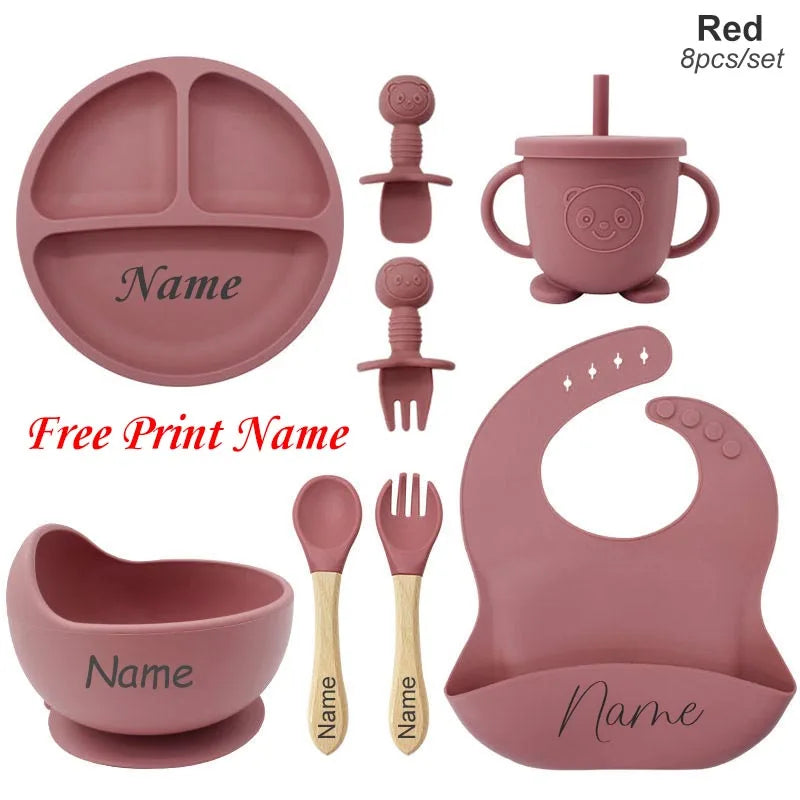 Set repas bébé en silicone 8 pièces – Assiette, bol, gobelet et couverts