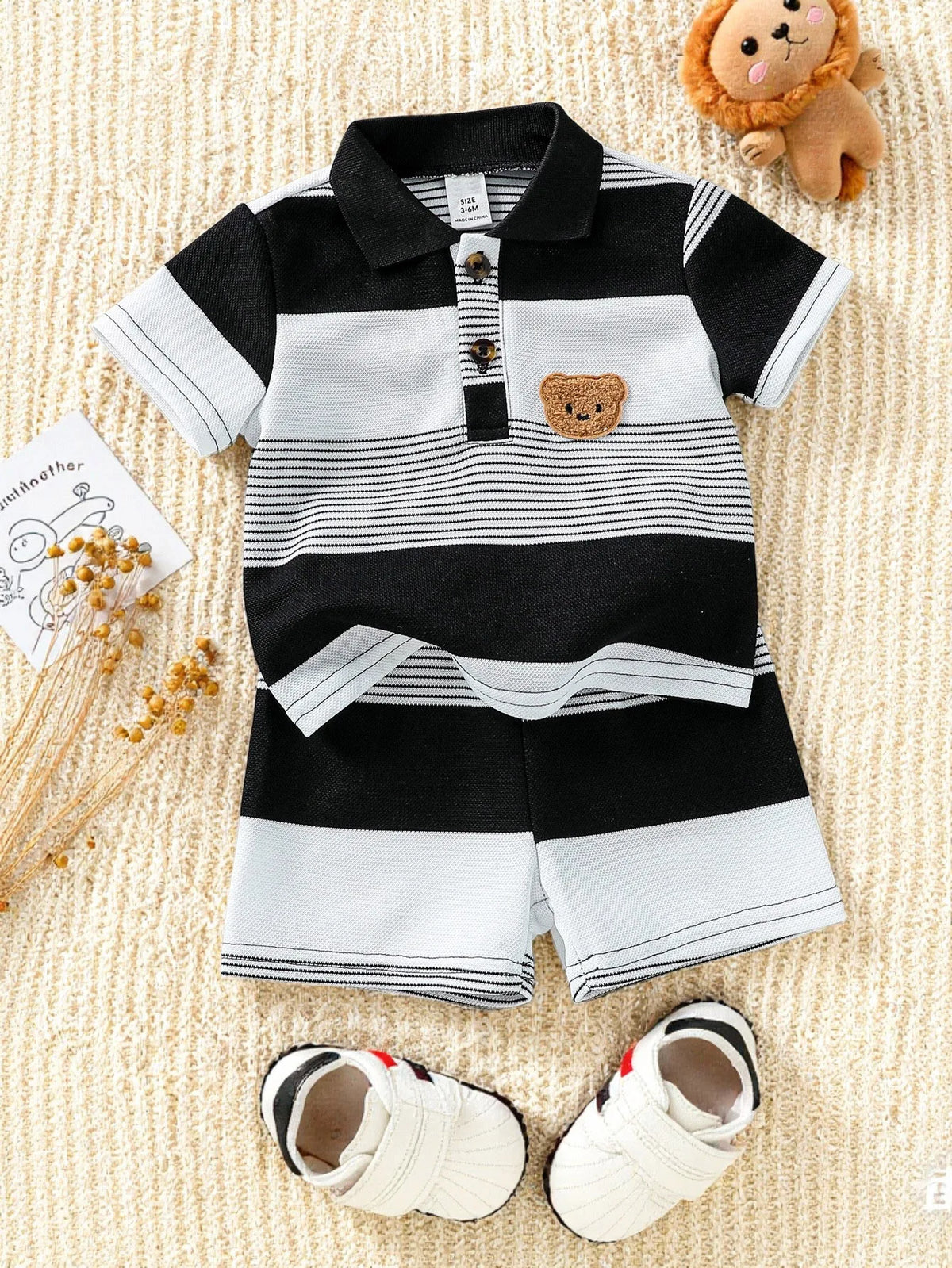 Ensemble garçon été – T-shirt et short rayés motif ours